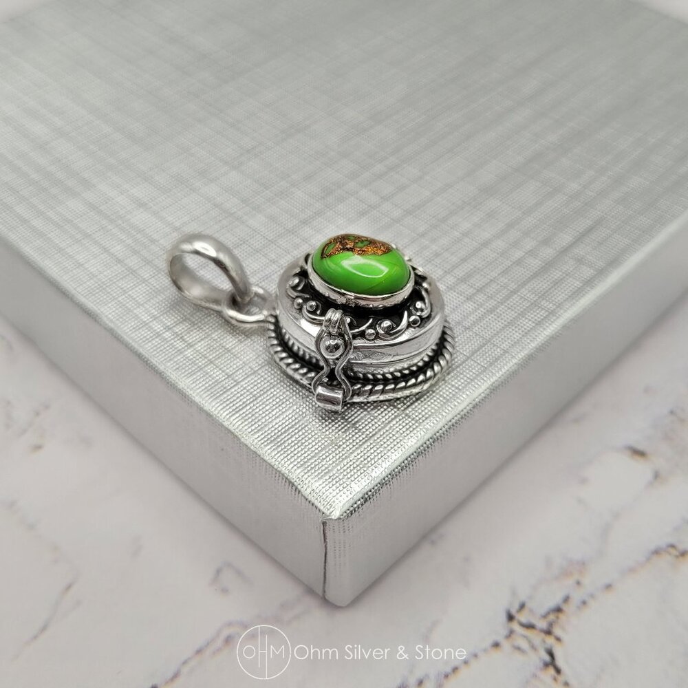 Sterling Silver Green Copper Turquoise Locket Pendant – Secret Stash Compartment